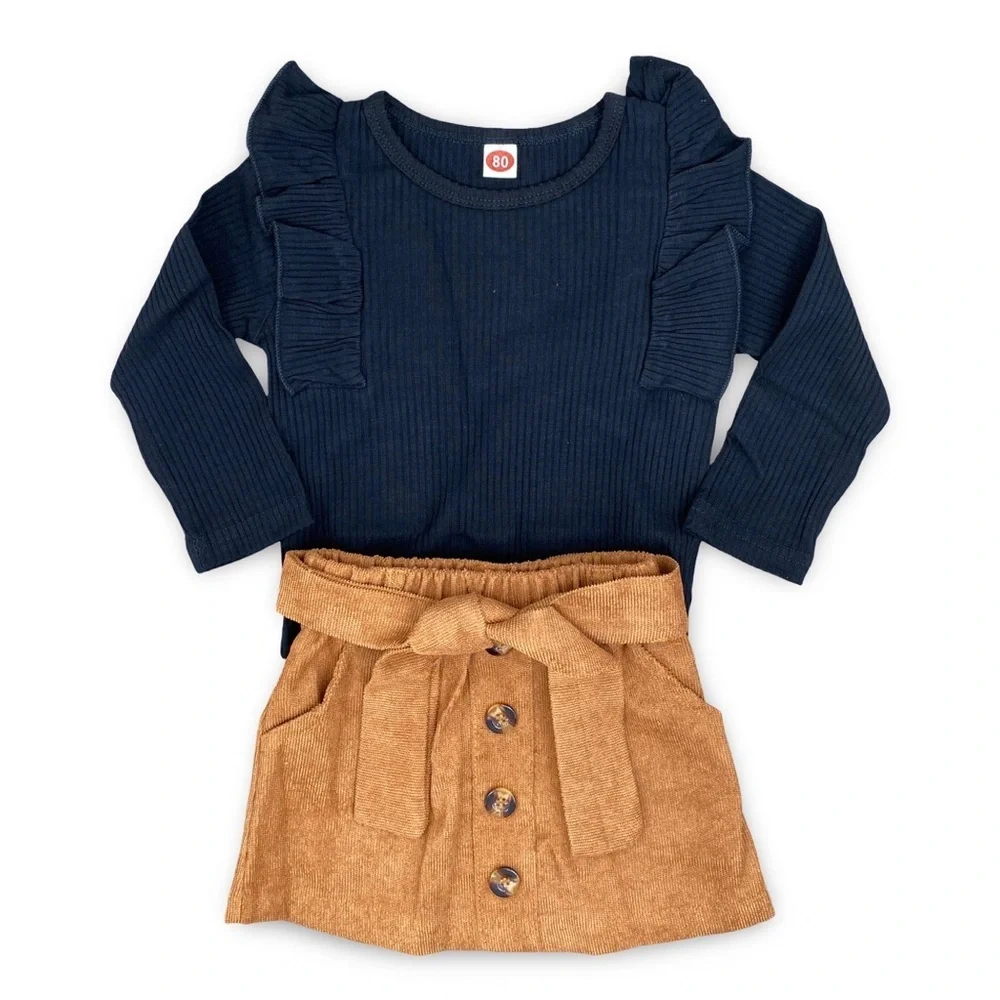 Black Ruffle Long Sleeve Top and Tan Corduroy Button Skirt Set Size 2 NEW